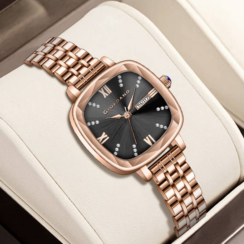 Giordano Elegant Square Rose Gold Watch For Women Â Crystal & Roman Hour Markers, Day-Date Display, Stainless  : GZ-60097-66