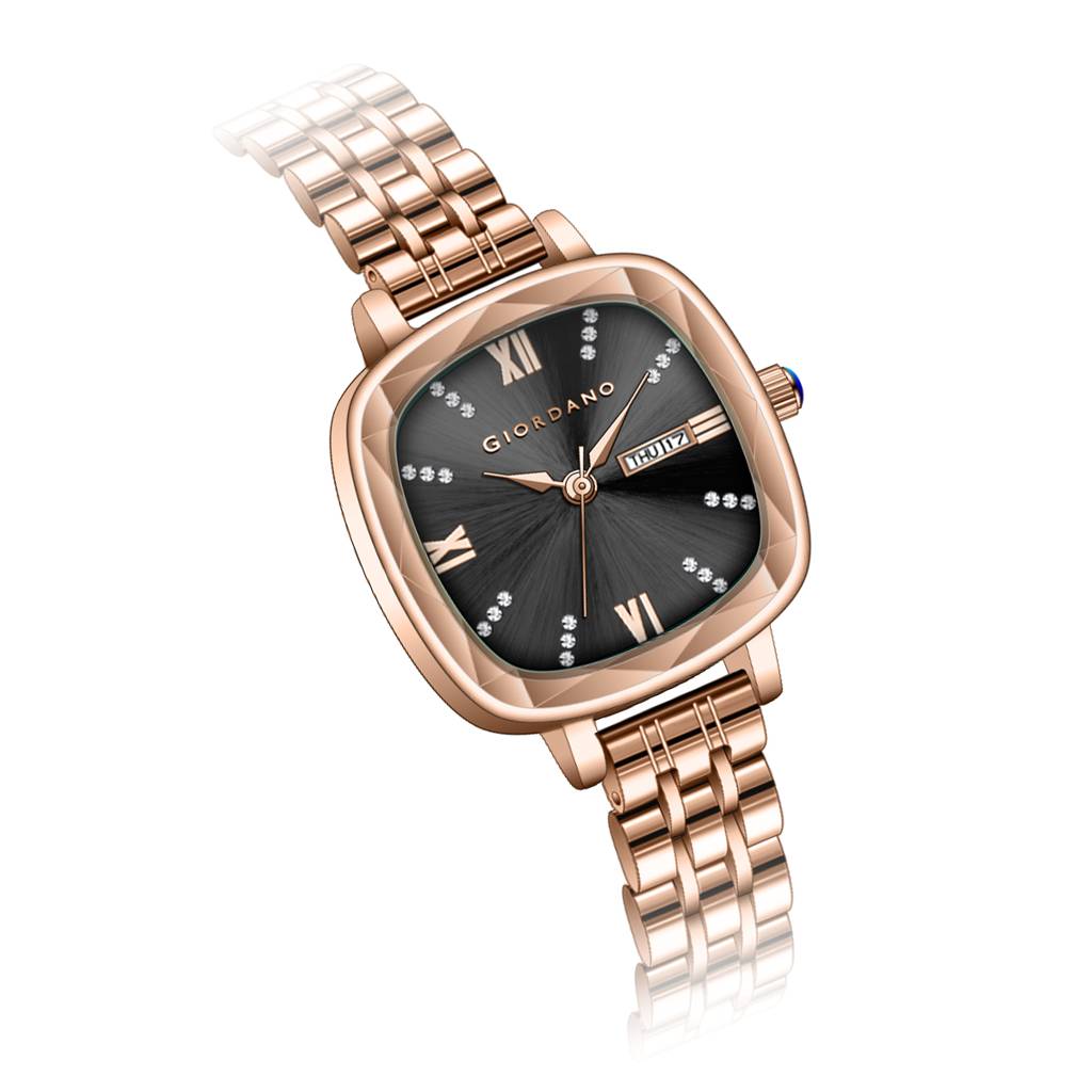 Giordano Elegant Square Rose Gold Watch For Women Â Crystal & Roman Hour Markers, Day-Date Display, Stainless  : GZ-60097-66