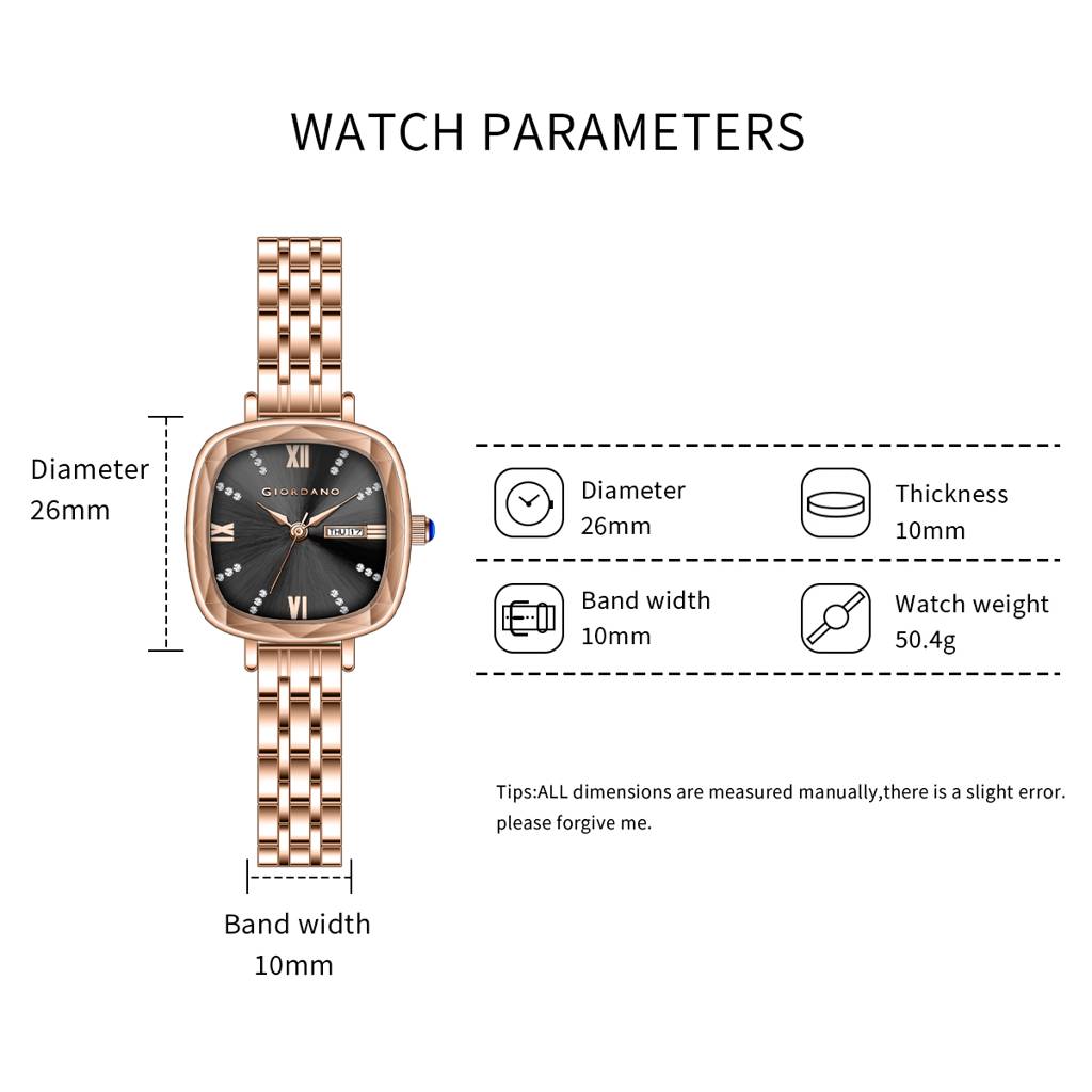 Giordano Elegant Square Rose Gold Watch For Women Â Crystal & Roman Hour Markers, Day-Date Display, Stainless  : GZ-60097-66