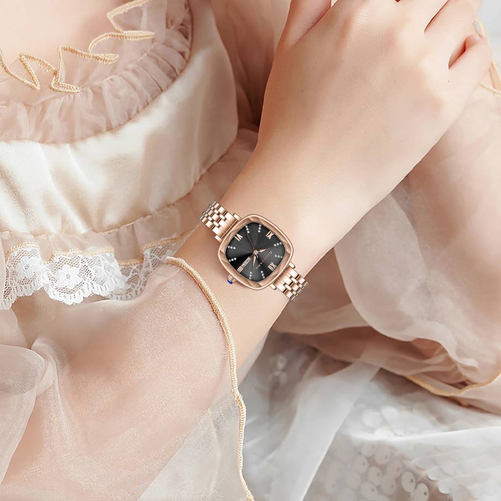 Giordano Elegant Square Rose Gold Watch For Women Â Crystal & Roman Hour Markers, Day-Date Display, Stainless  : GZ-60097-66