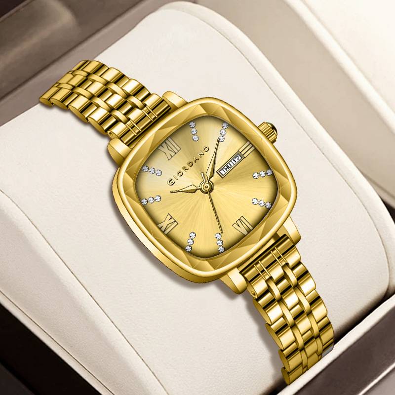 Giordano Elegant Square Rose Gold Watch For Women Â Crystal & Roman Hour Markers, Day-Date Display, Stainless  : GZ-60097-77