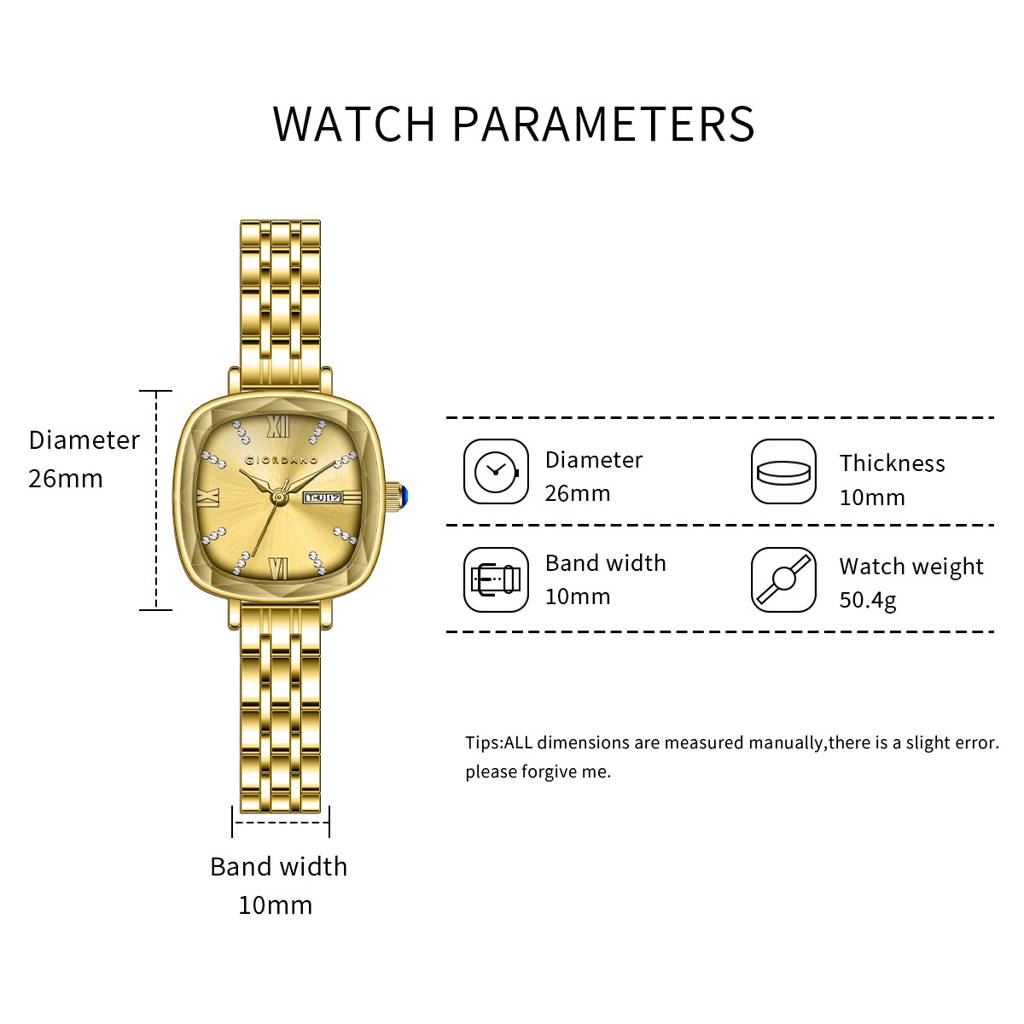 Giordano Elegant Square Rose Gold Watch For Women Â Crystal & Roman Hour Markers, Day-Date Display, Stainless  : GZ-60097-77