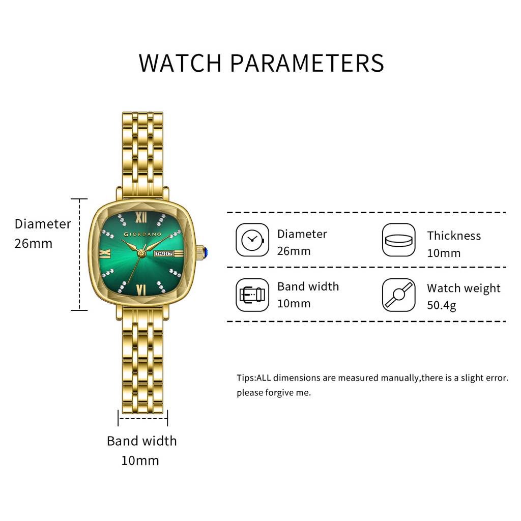 Giordano Elegant Square Rose Gold Watch For Women Â Crystal & Roman Hour Markers, Day-Date Display, Stainless  : GZ-60097-88