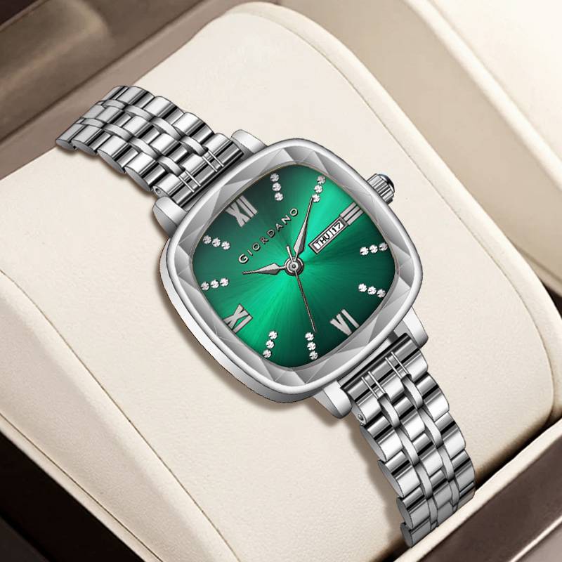 Giordano Elegant Square Rose Gold Watch For Women Â Crystal & Roman Hour Markers, Day-Date Display, Stainless  : GZ-60097-99