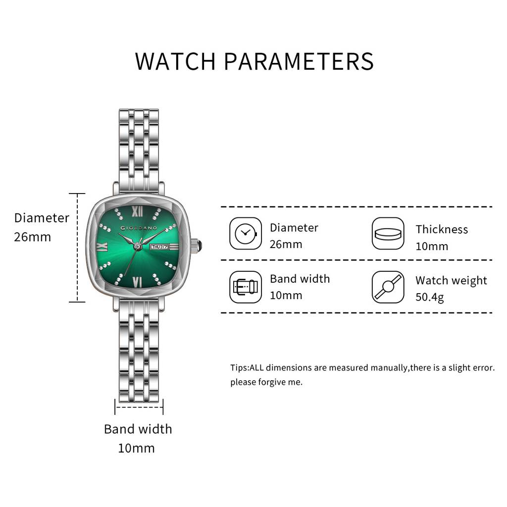 Giordano Elegant Square Rose Gold Watch For Women Â Crystal & Roman Hour Markers, Day-Date Display, Stainless  : GZ-60097-99