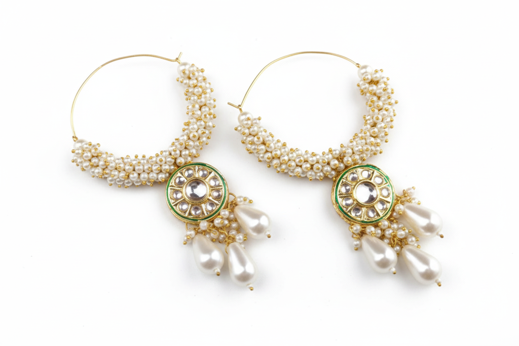 The Emerald Kundan & Pearl Beaded Hoop Earrings : BSJ-96