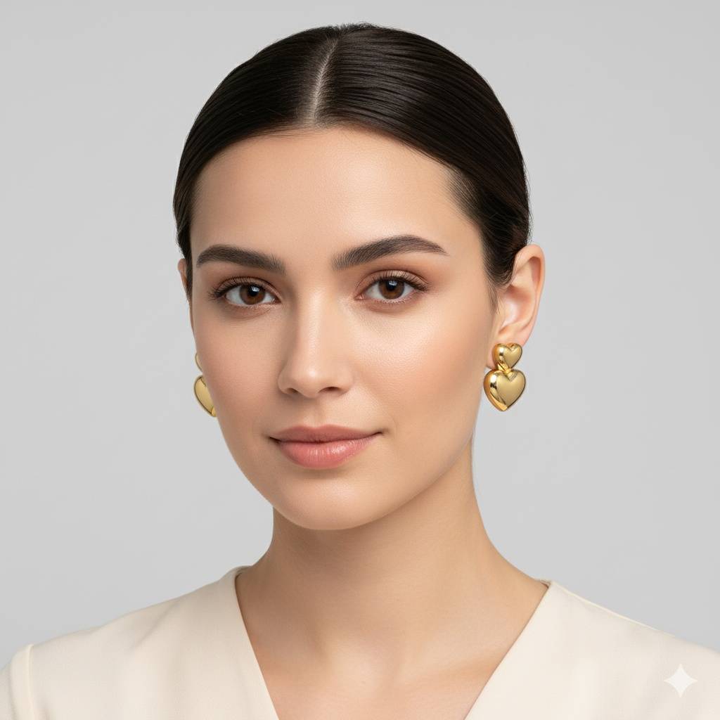 18K Gold Plated Double Heart Stud Earrings : RJFSER12