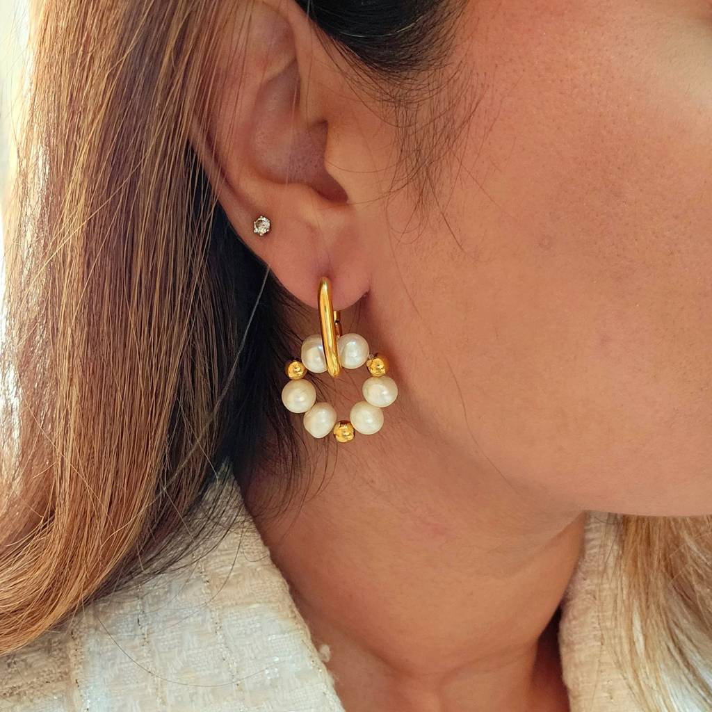 Gold Freshwater Pearl Beaded Hoop Earrings Gold Stainless Steel