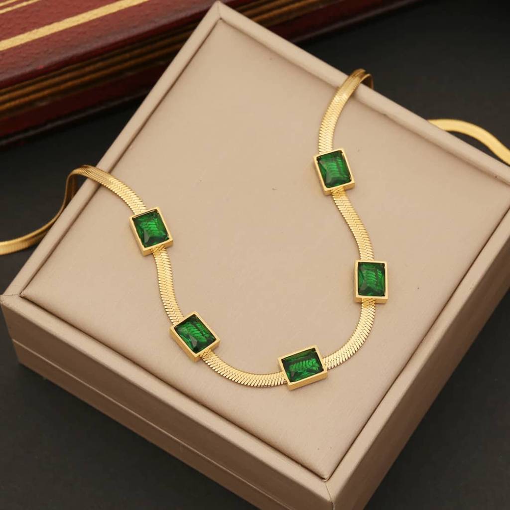 Green Geometric Gold Necklace : TAA-9708569428246-NECKLACE