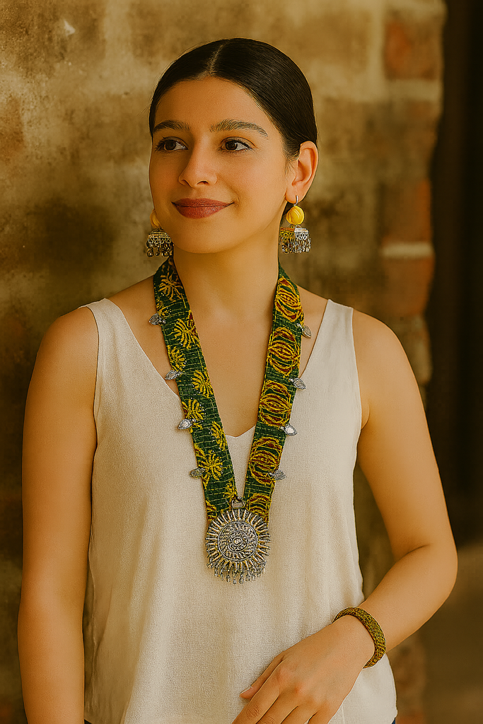 Green Block Printed Fabric Collar Necklace Set With Metal Pendant And Charms : ALT-JEW-krishna-248