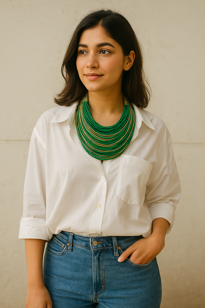 Green And Gold Handmade Silk Threads Multi-Layer Statement African Choker Necklace : ALT-JEW-RWT-193