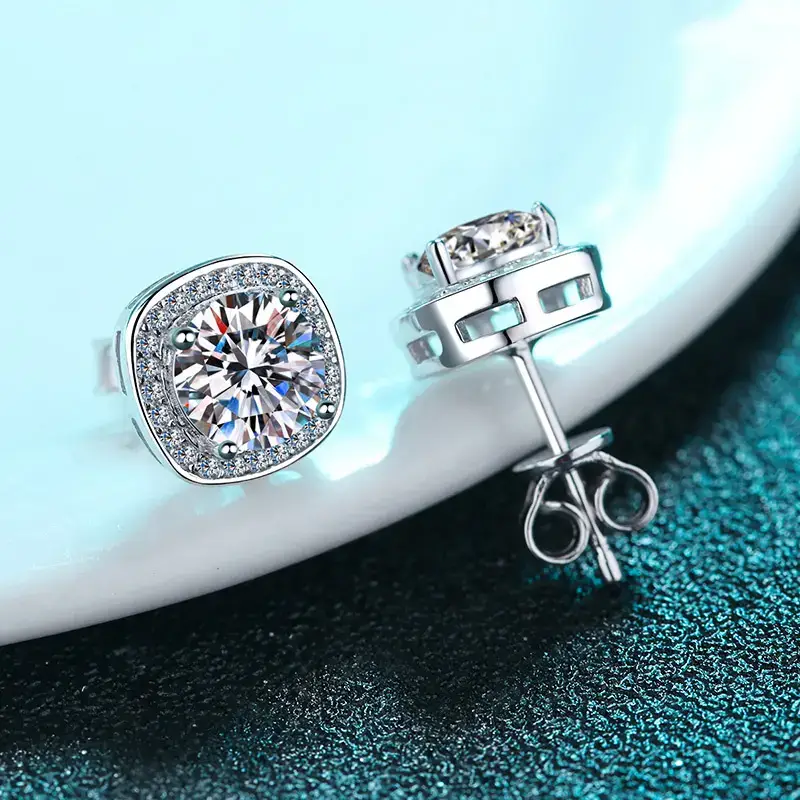 2 Ct / Pair Starlight Squared Halo Bliss Solitaire Studs Moissanite Earrings; Sterling Silver; Gra C : SquaredHalo_2ct_BX266-E