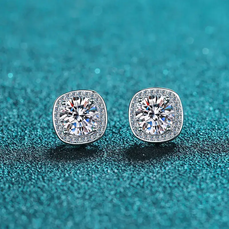 2 Ct / Pair Starlight Squared Halo Bliss Solitaire Studs Moissanite Earrings; Sterling Silver; Gra C : SquaredHalo_2ct_BX266-E