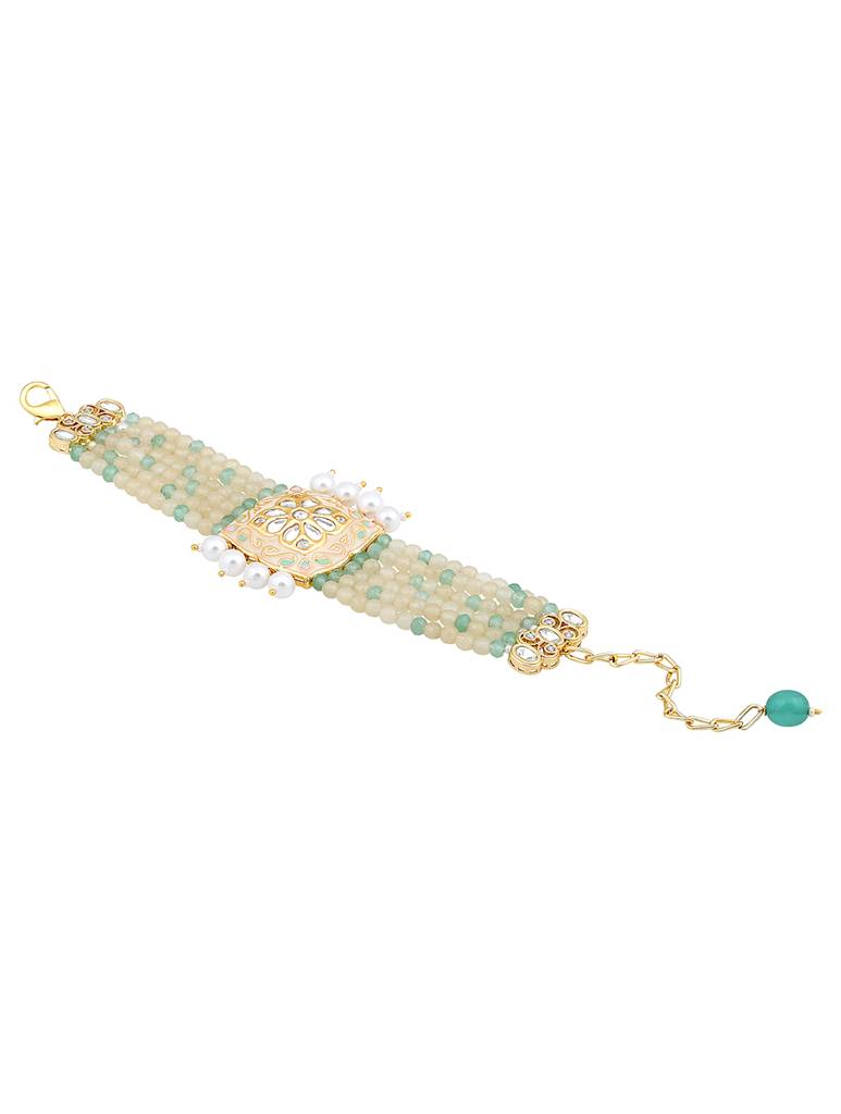 Gold Brass Polished Agates Meena Polish Kundan Polki Bracelets : HRBR12