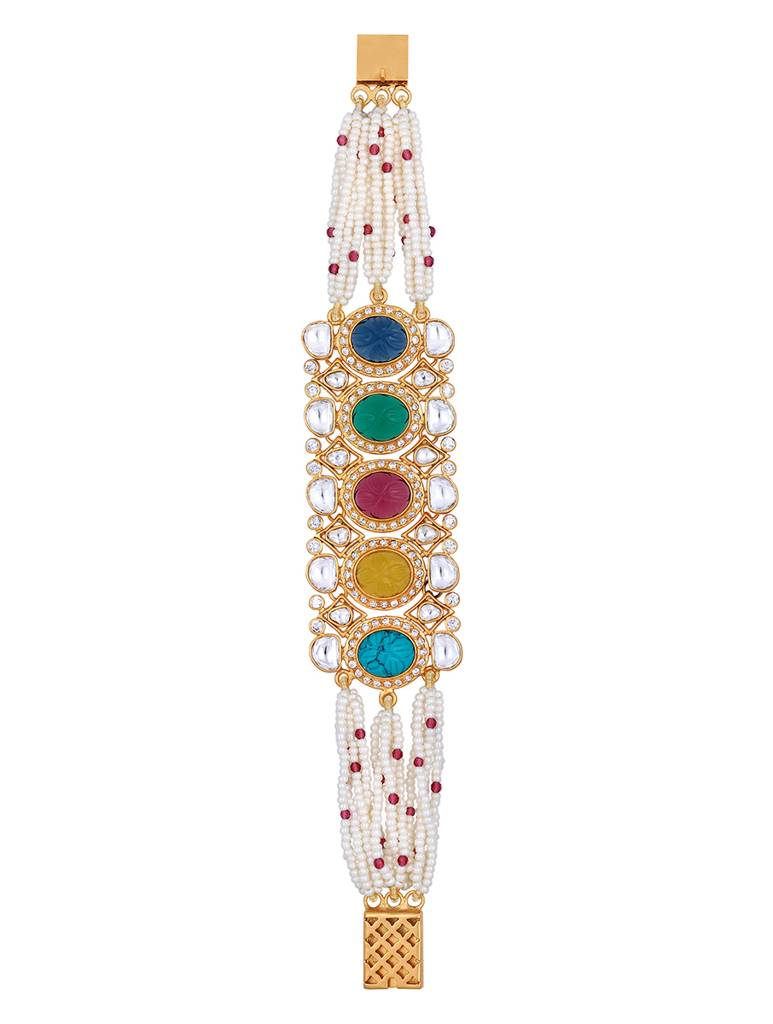 Gold Brass Polished Onyx Kundan Polki Kediya Moti Bracelet : HRBR15