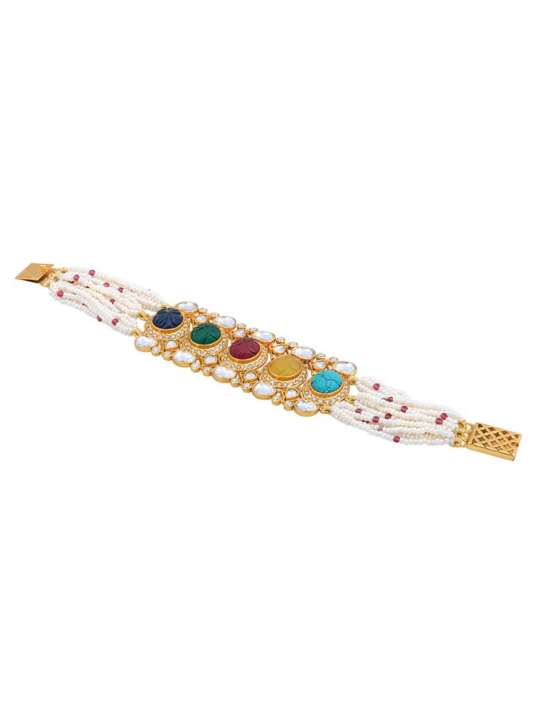 Gold Brass Polished Onyx Kundan Polki Kediya Moti Bracelet : HRBR15