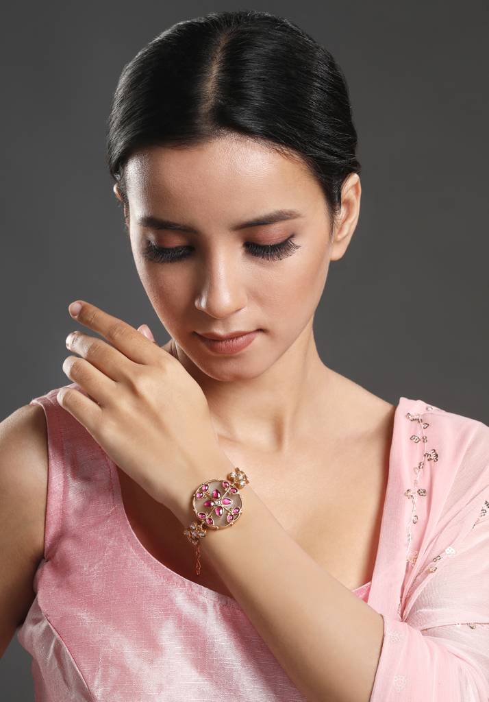 Gold Brass Polished Onyx Kundan-Polki Bracelets : HRBR33