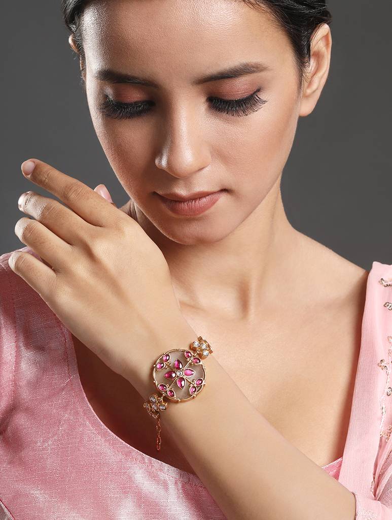 Gold Brass Polished Onyx Kundan-Polki Bracelets : HRBR33
