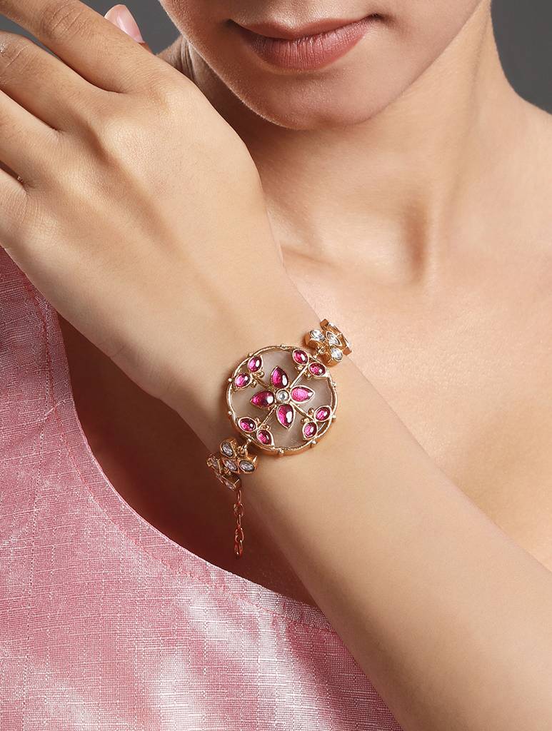 Gold Brass Polished Onyx Kundan-Polki Bracelets : HRBR33
