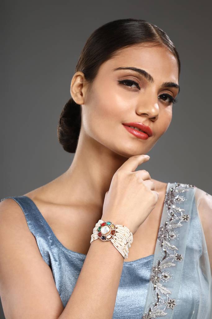 Gold Brass Polished Kidiya Pearl Natural Stones Kundan Polki Bracelets : HRBR34