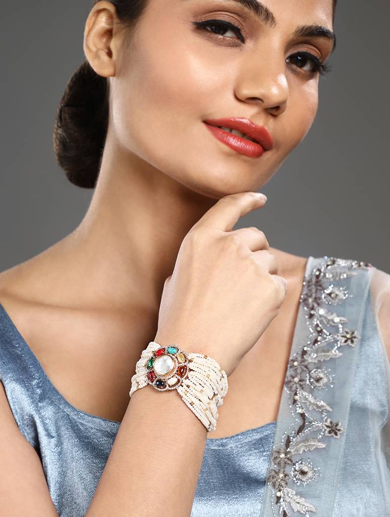 Gold Brass Polished Kidiya Pearl Natural Stones Kundan Polki Bracelets : HRBR34