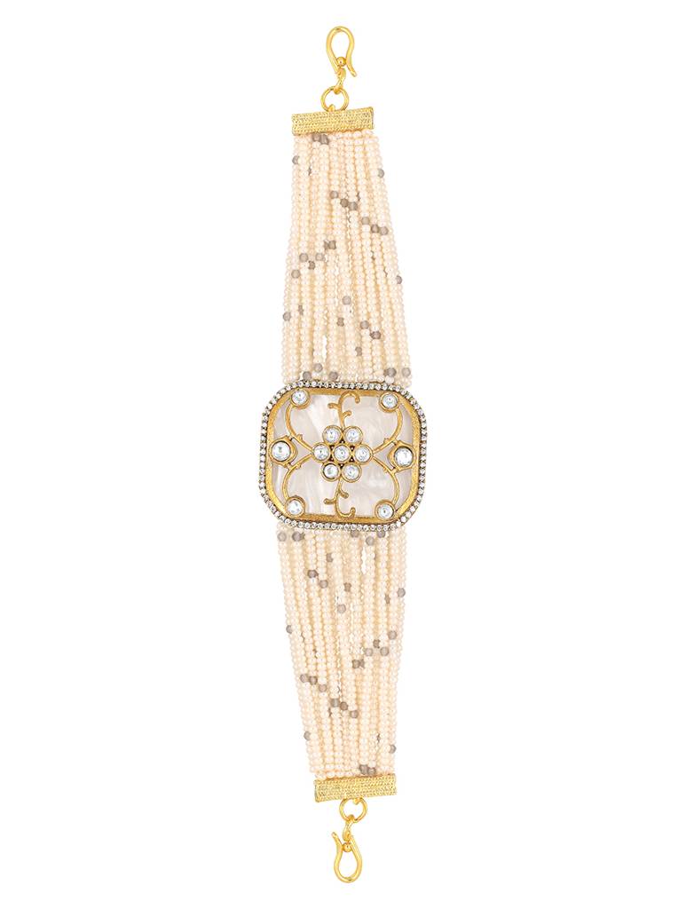 Gold Brass Polished Kidiya Pearl Kundan Polki Bracelet : HRBR35