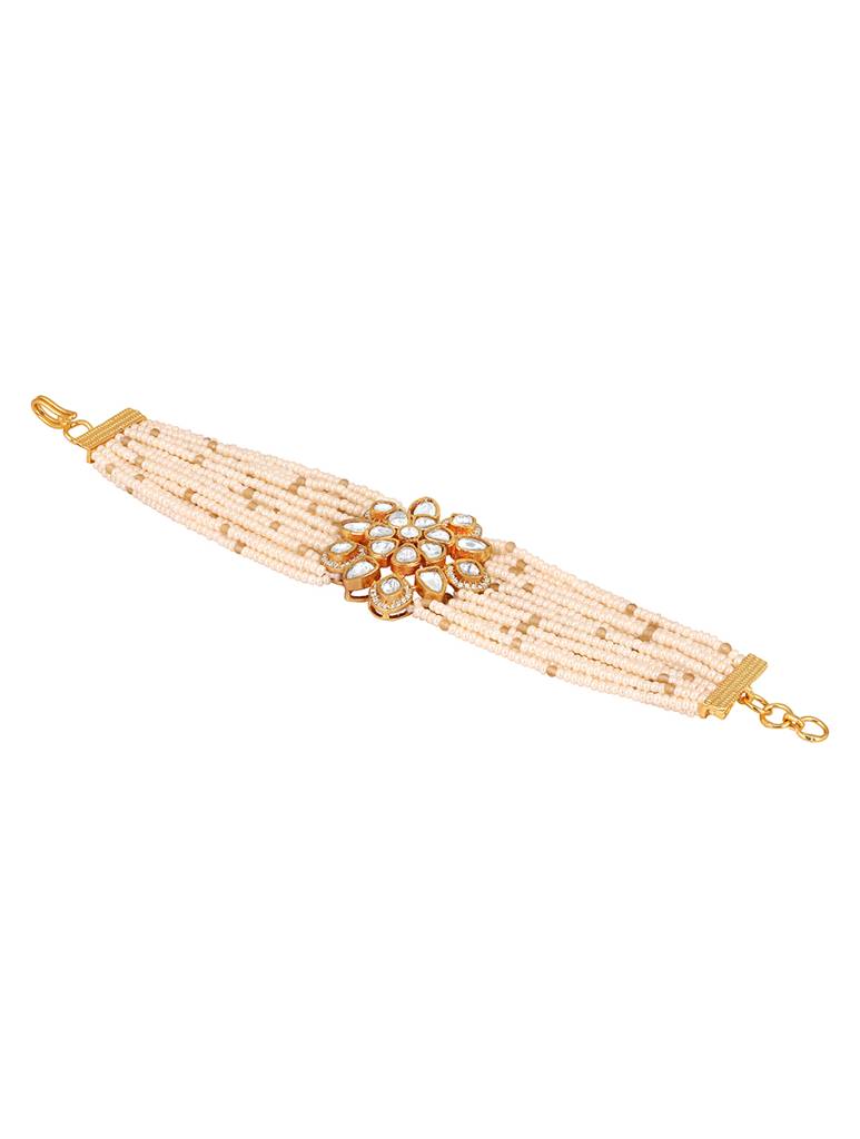 Gold Brass Polished Kidiya Pearl Kundan Polki-Bracelet : HRBR36