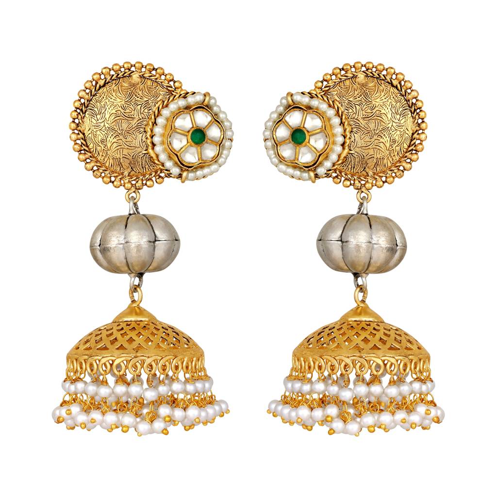 Gold Polished Pearl Kundan Polki Jhumka Earrings : HRER-143