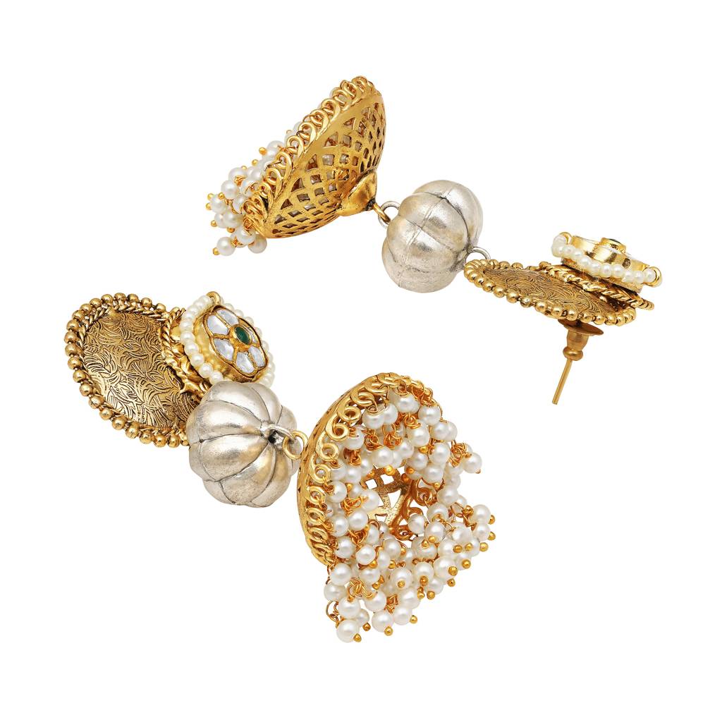 Gold Polished Pearl Kundan Polki Jhumka Earrings : HRER-143