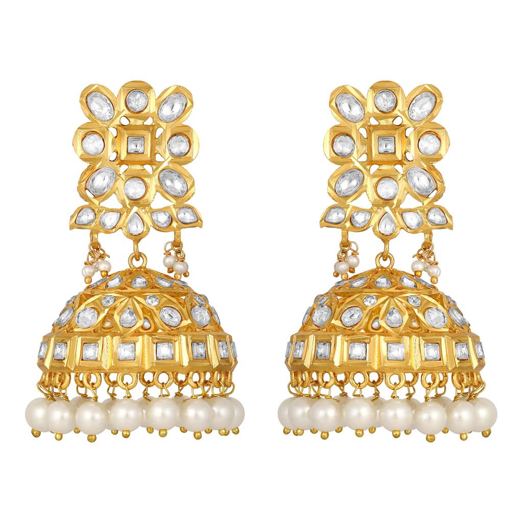 Gold-Polished Mosanite Kundan Polki Earrings : HRER-147