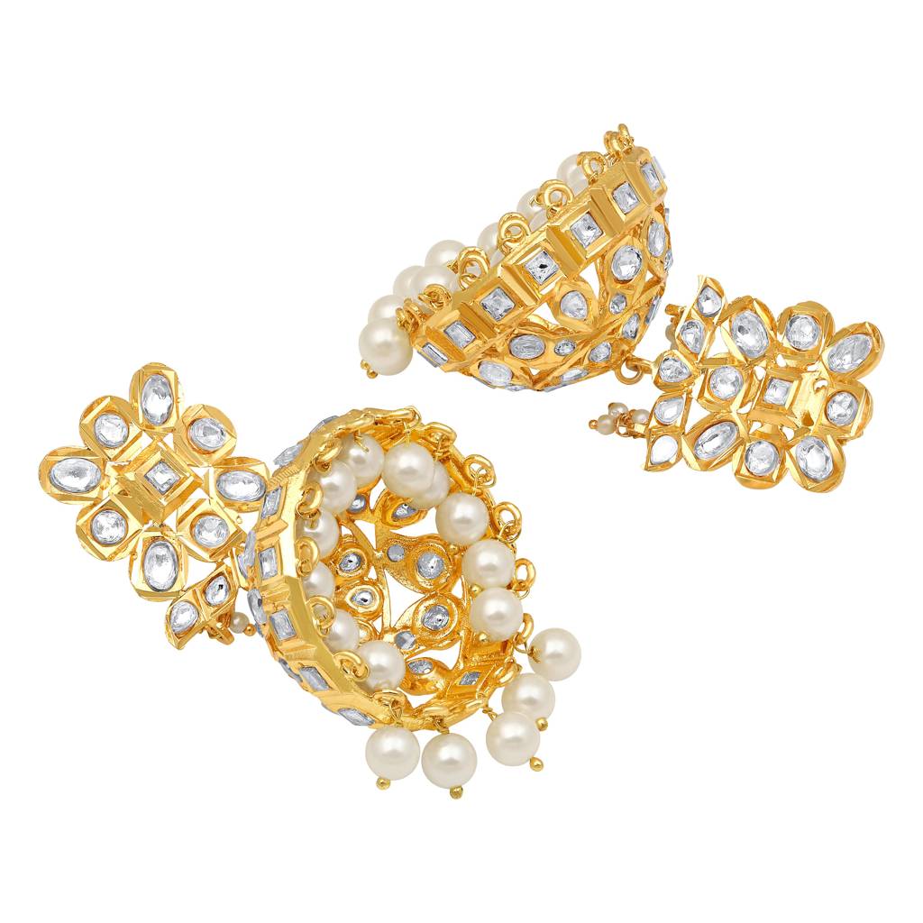 Gold-Polished Mosanite Kundan Polki Earrings : HRER-147