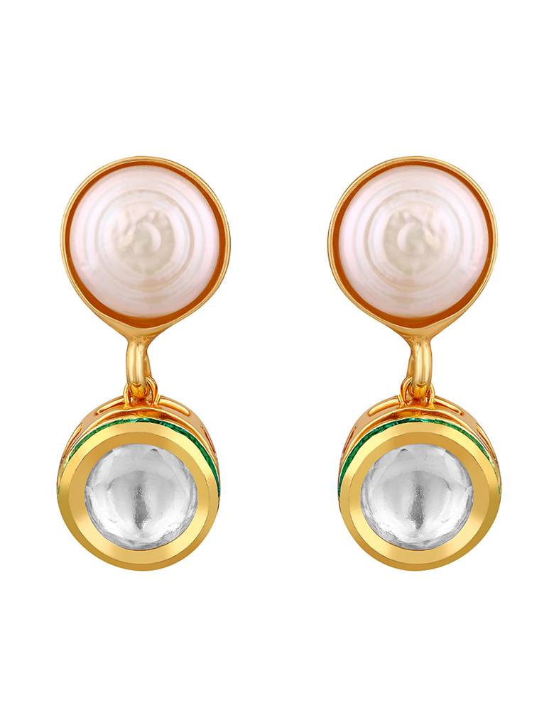 Gold Polished Pearl Kundan Polki Drop Earrings : HRER162
