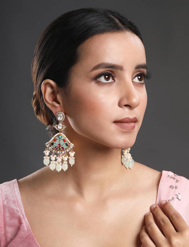 Gold-Polished Mosanite Zirconia Kundan Polki Earrings : HRER175