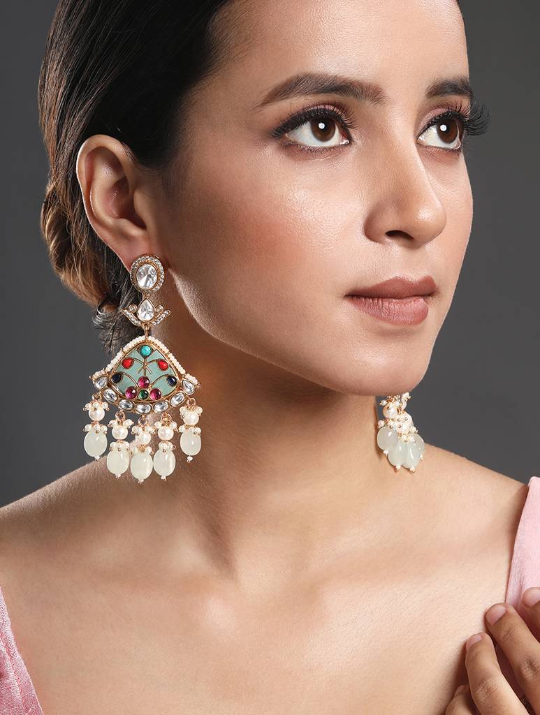 Gold-Polished Mosanite Zirconia Kundan Polki Earrings : HRER175