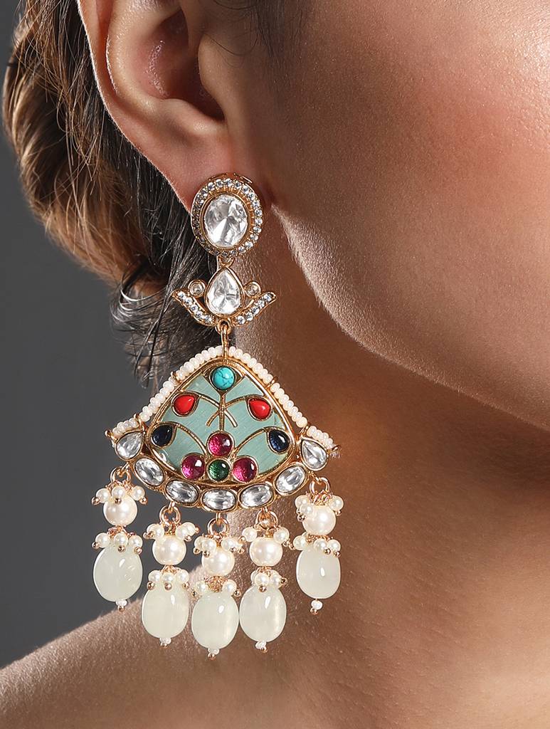 Gold-Polished Mosanite Zirconia Kundan Polki Earrings : HRER175