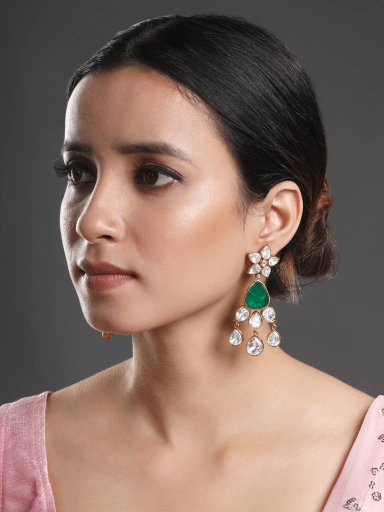 Gold Polished Mosanite Kundan Polki-Statement Earrings : HRER176