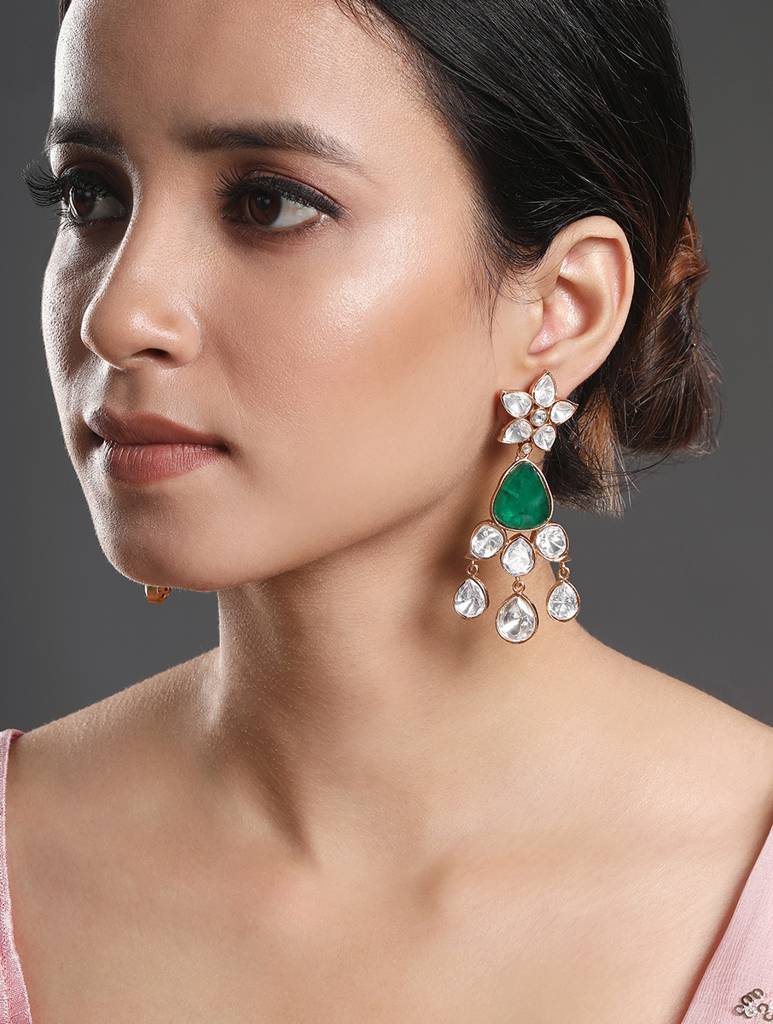 Gold Polished Mosanite Kundan Polki-Statement Earrings : HRER176