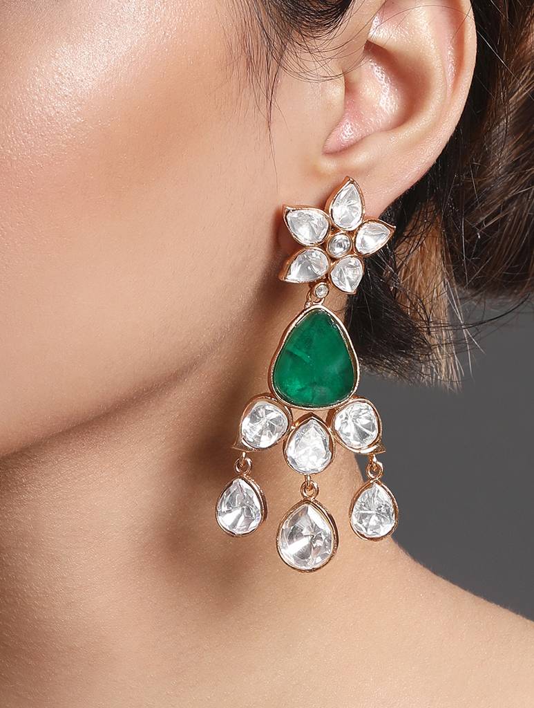Gold Polished Mosanite Kundan Polki-Statement Earrings : HRER176