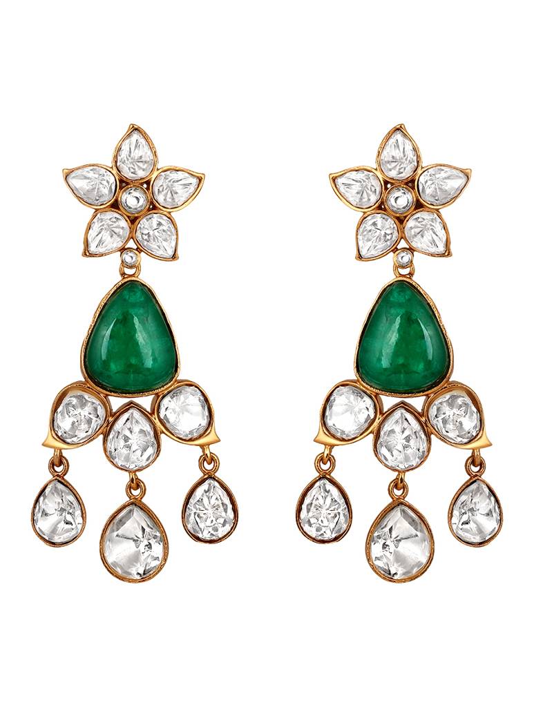 Gold Polished Mosanite Kundan Polki-Statement Earrings : HRER176