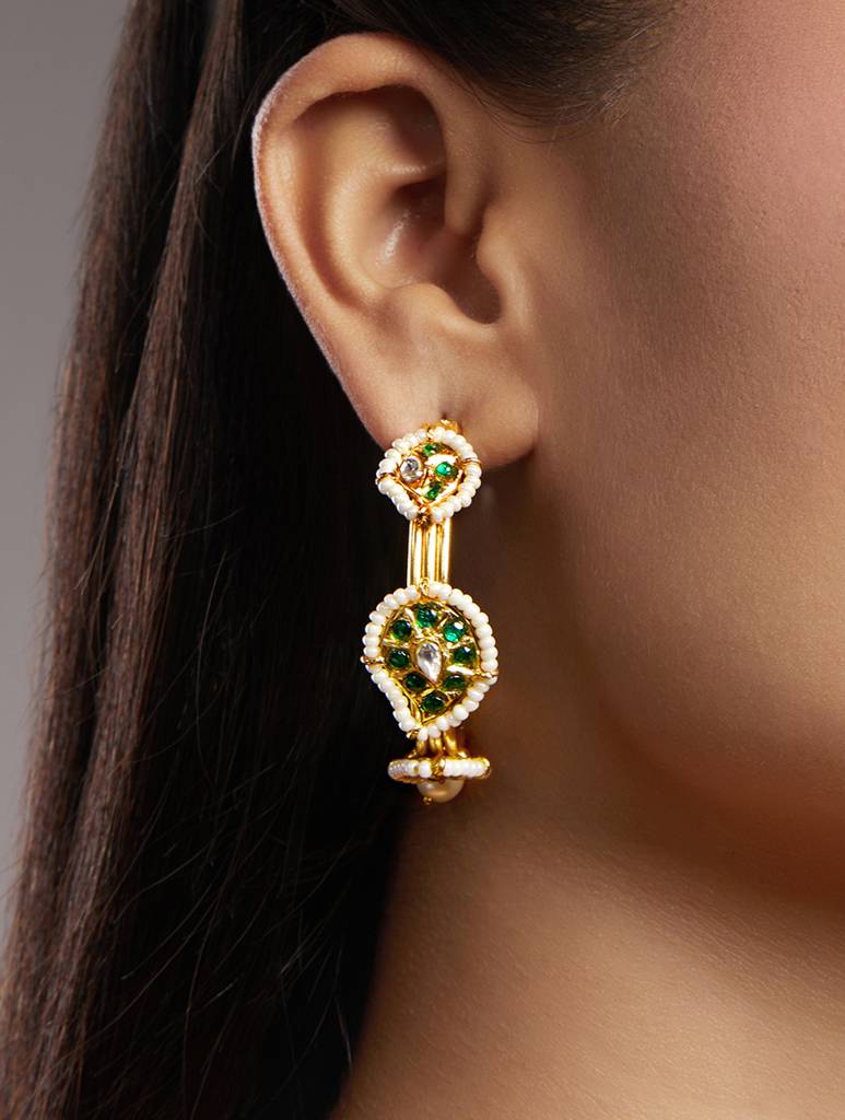 Gold Polished Mosanite Statement Kundan Polki Earrings : HRER180