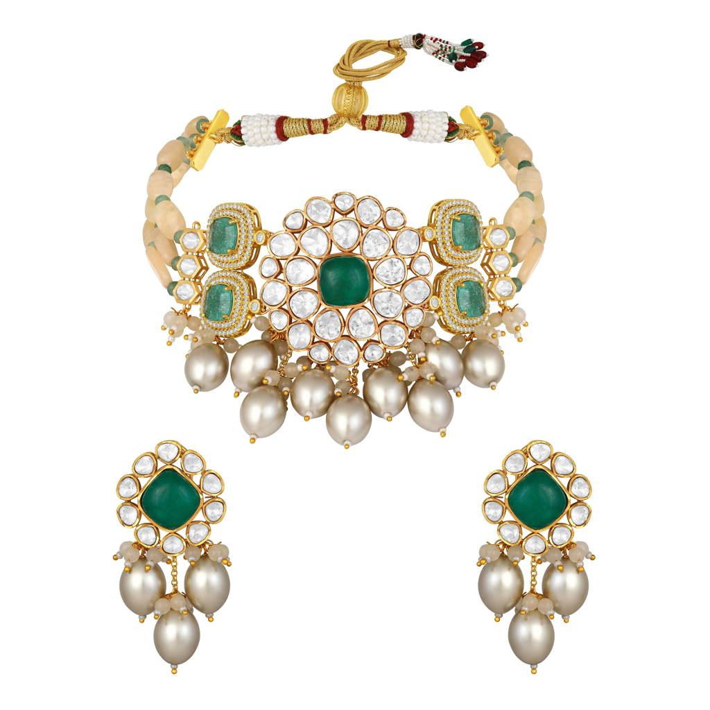 Micron Gold Polish Agates Pearl Jewellery Set : HRNS-248