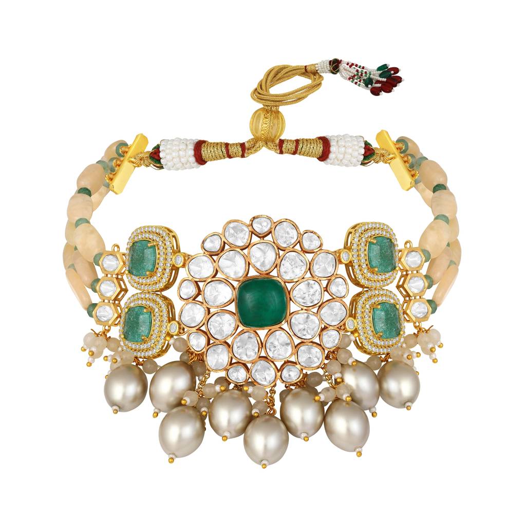 Micron Gold Polish Agates Pearl Jewellery Set : HRNS-248