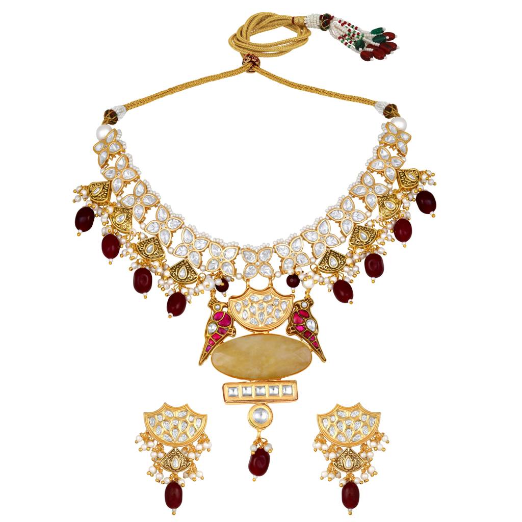 Micron Gold Polish Kundan Polki Onyx Mosanite Necklaces : HRNS-257
