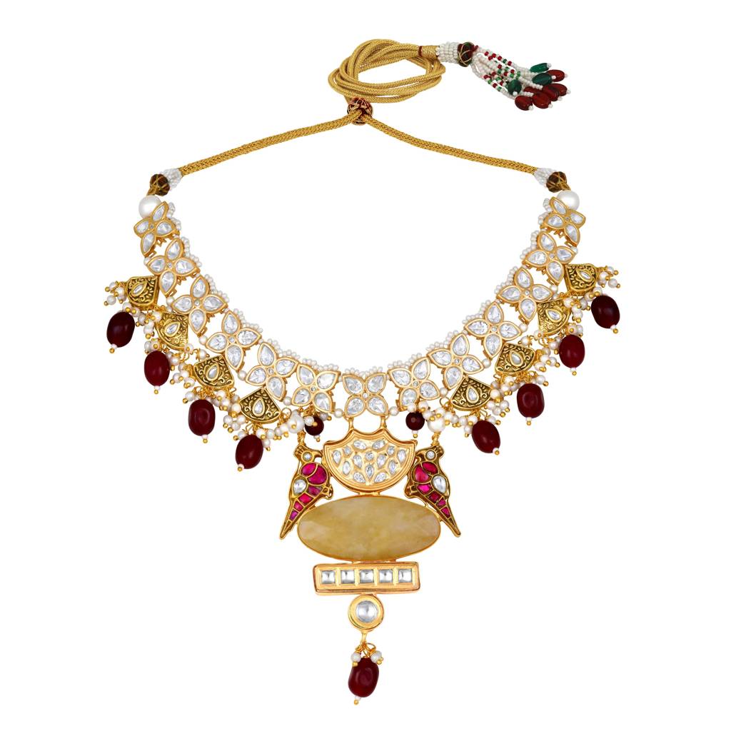 Micron Gold Polish Kundan Polki Onyx Mosanite Necklaces : HRNS-257