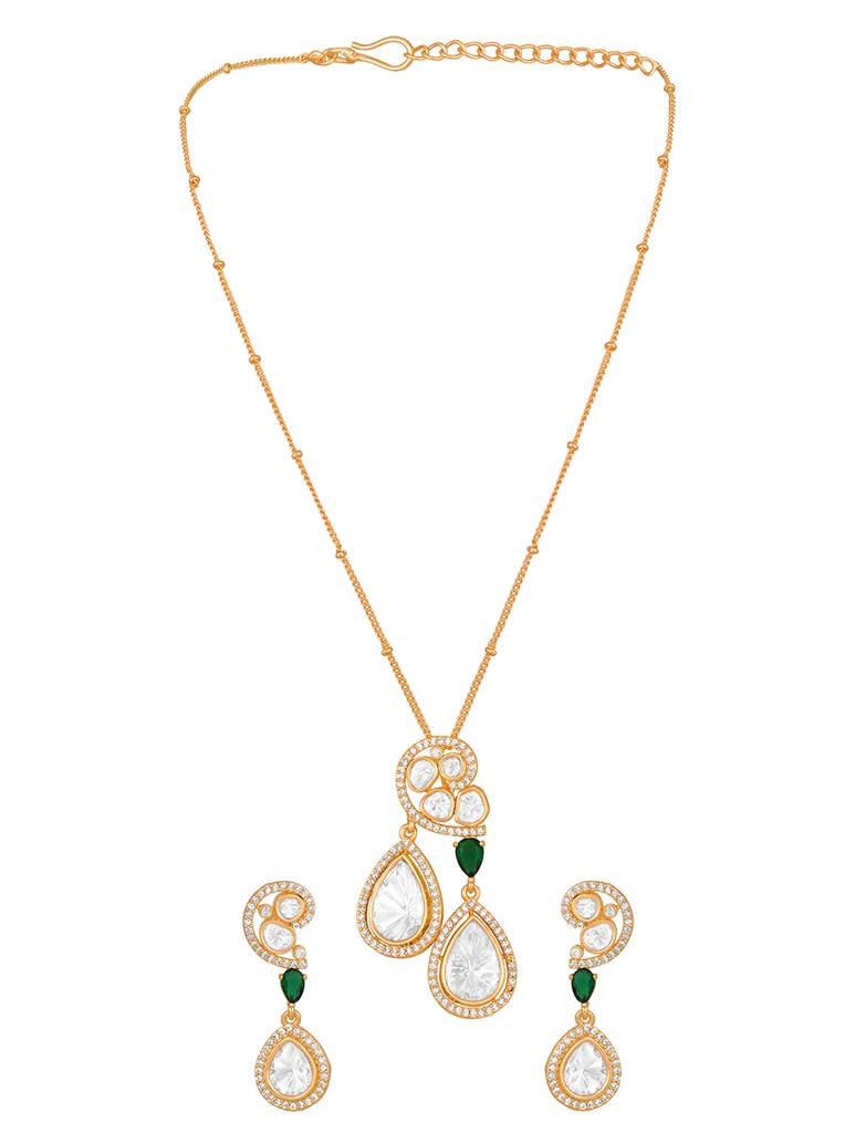 Gold Polished Brass Mosanite Kundan Polki Pendant Set : HRNS259