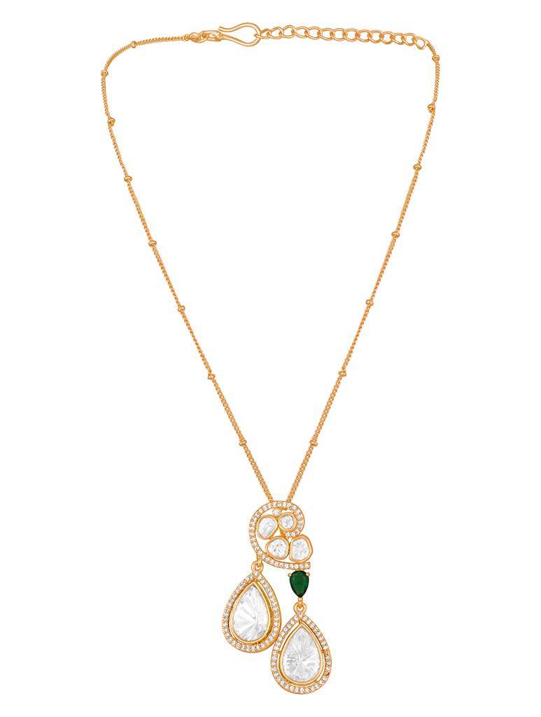 Gold Polished Brass Mosanite Kundan Polki Pendant Set : HRNS259