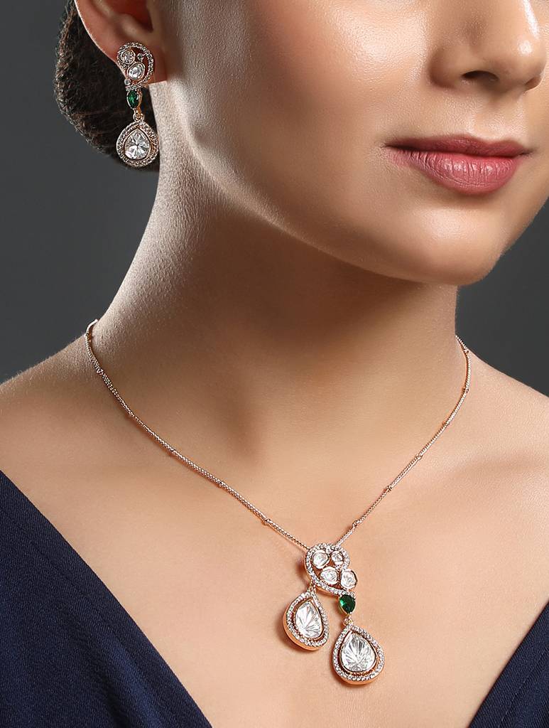 Gold Polished Brass Mosanite Kundan Polki Pendant Set : HRNS259