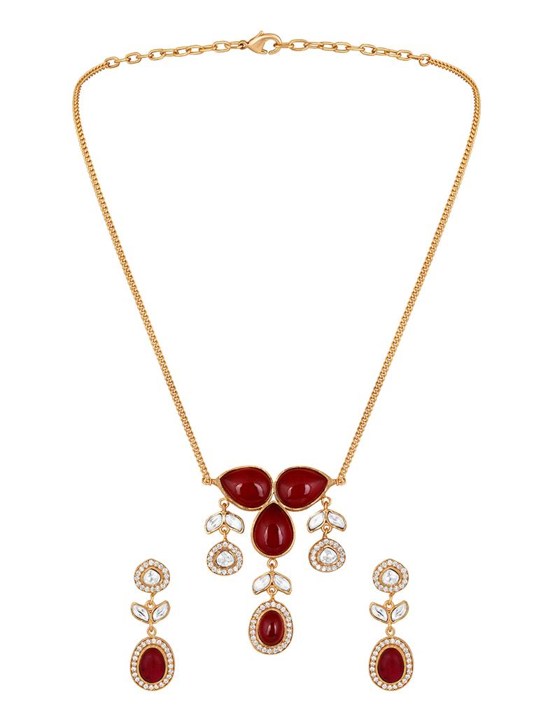 Gold Polished Brass Agate Kundan Polki Pendant Set : HRNS260