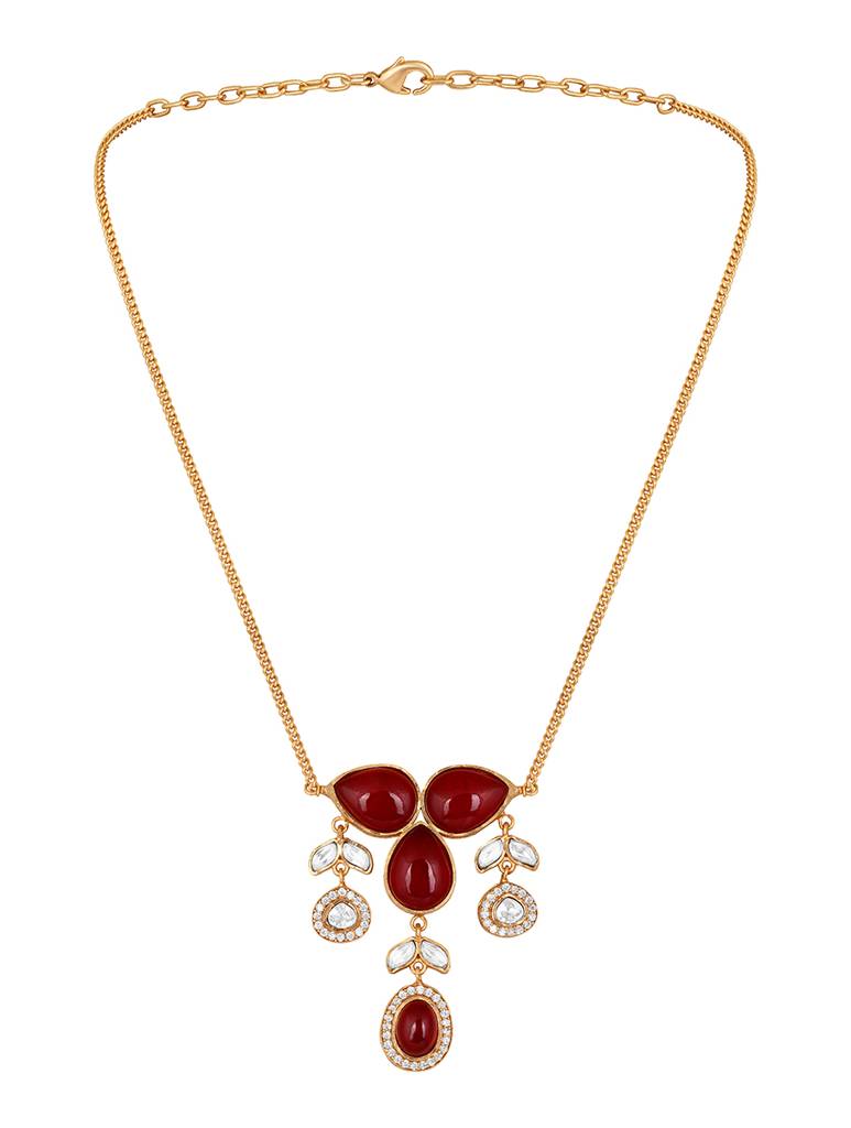 Gold Polished Brass Agate Kundan Polki Pendant Set : HRNS260