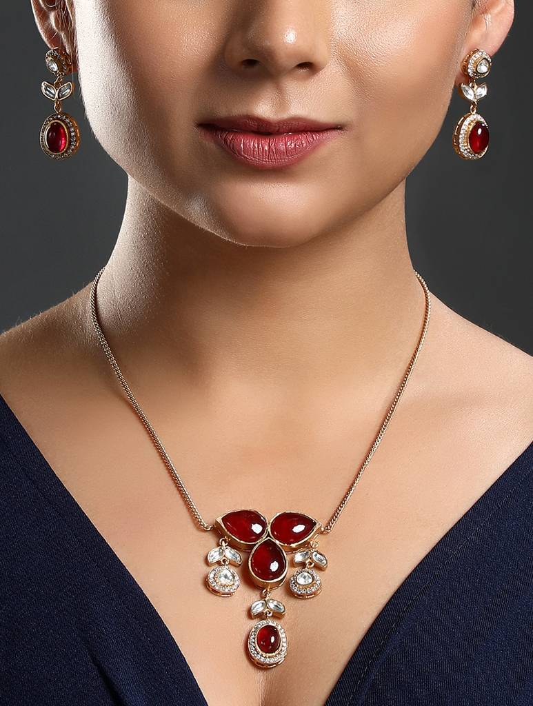 Gold Polished Brass Agate Kundan Polki Pendant Set : HRNS260